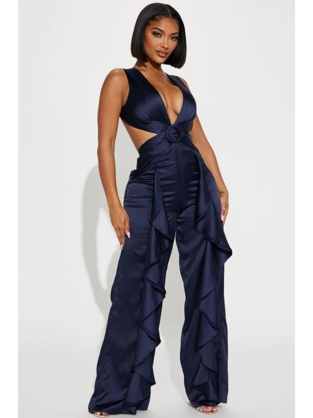 FASHION NOVA Women's Count On Me Satin Jumpsuit Size M in Navy